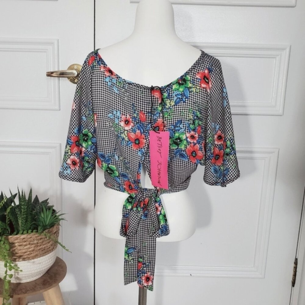 Betsey Johnson Vintage Gingham Floral Tie Back Kimono Raglan Sleeved Top- NWT
